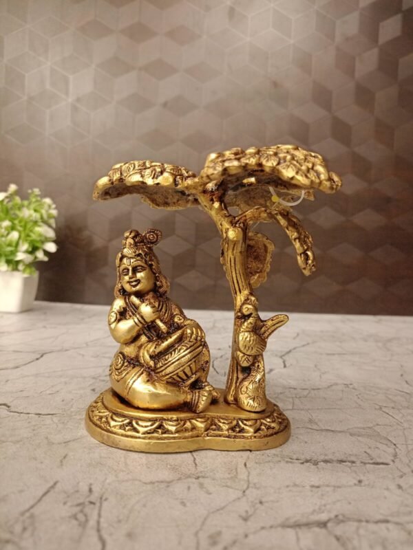 Brass Krishna Idol with Pot Under Tree