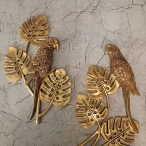Brass Parrot with Three Leaves Wall Mount