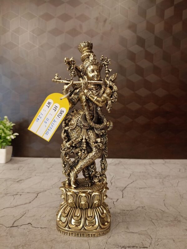 Buy Brass Fine Art Lotus Krishna Idol Antique Finish Handicraft at Wholesale Price Moradabad, India