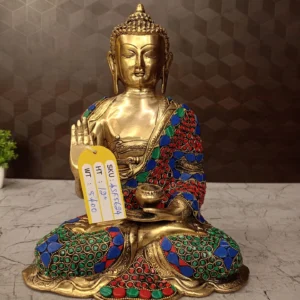 Brass Stone Buddha Statue , Red Green And Blue Stone Work Finish  Manufacturer Price Aligarh, India |100% Pure Brass Idols