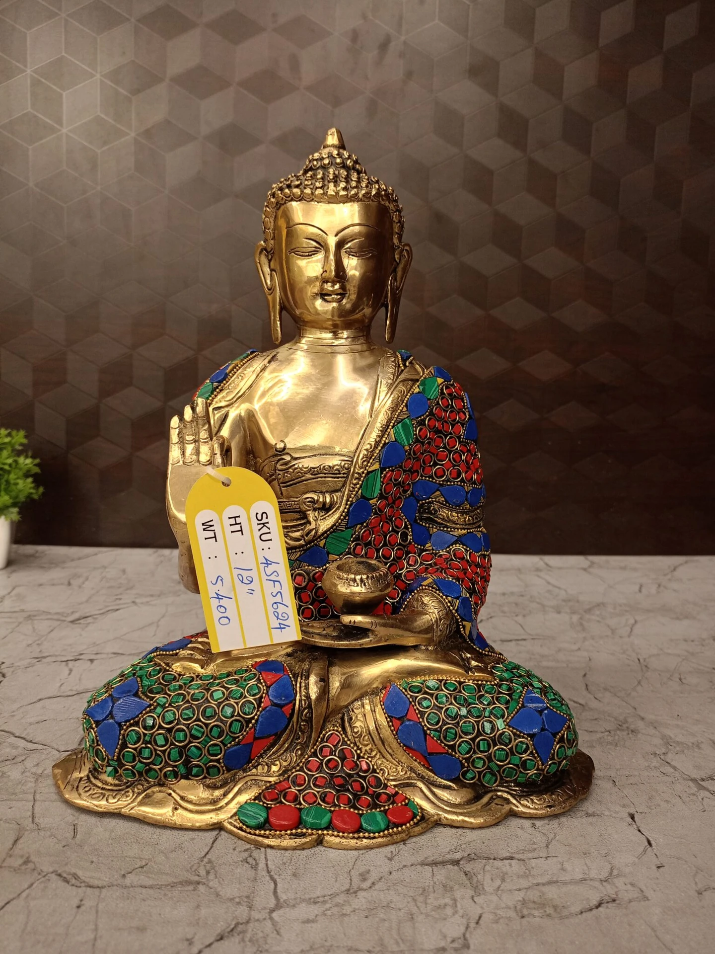 Brass Stone Buddha Statue , Red Green And Blue Stone Work Finish Manufacturer Price Aligarh, India |100% Pure Brass Idols