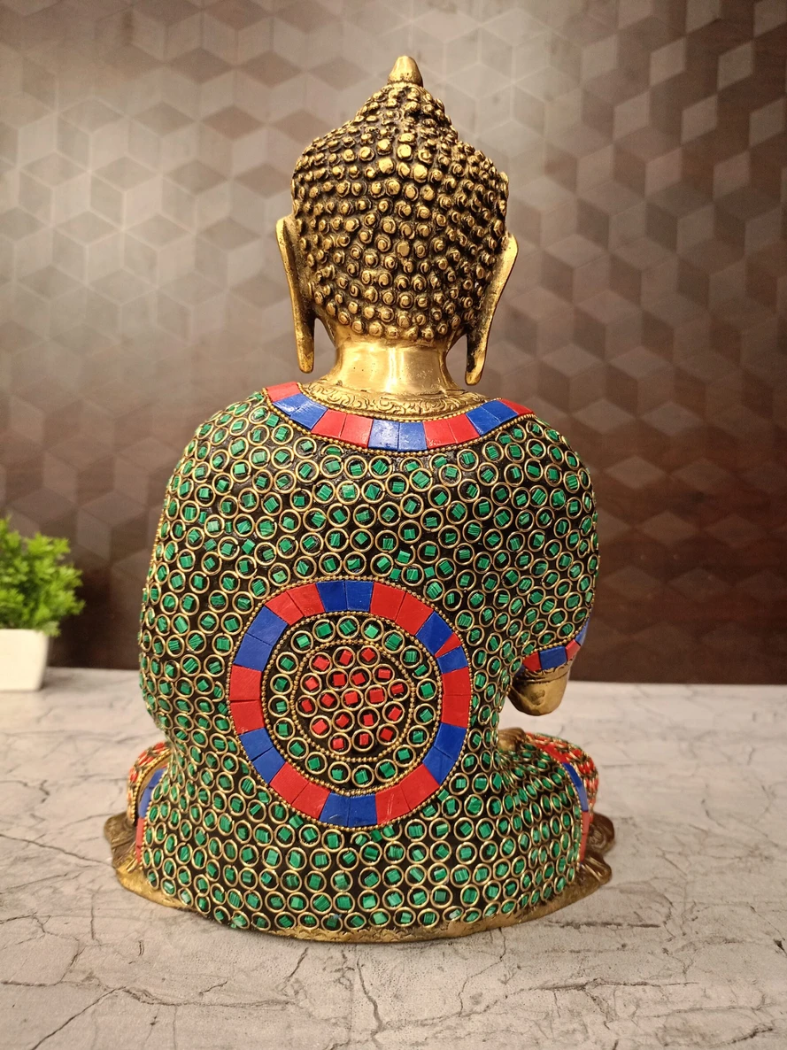 Brass Stone Buddha Statue , Red Green And Blue Stone Work Finish Manufacturer Price Aligarh, India |100% Pure Brass Idols - Image 4