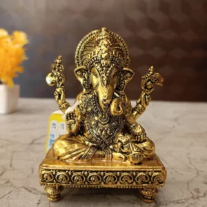 Brass Fine Art Ganesha Sitting On Oval Base Statue 5.5 Inch