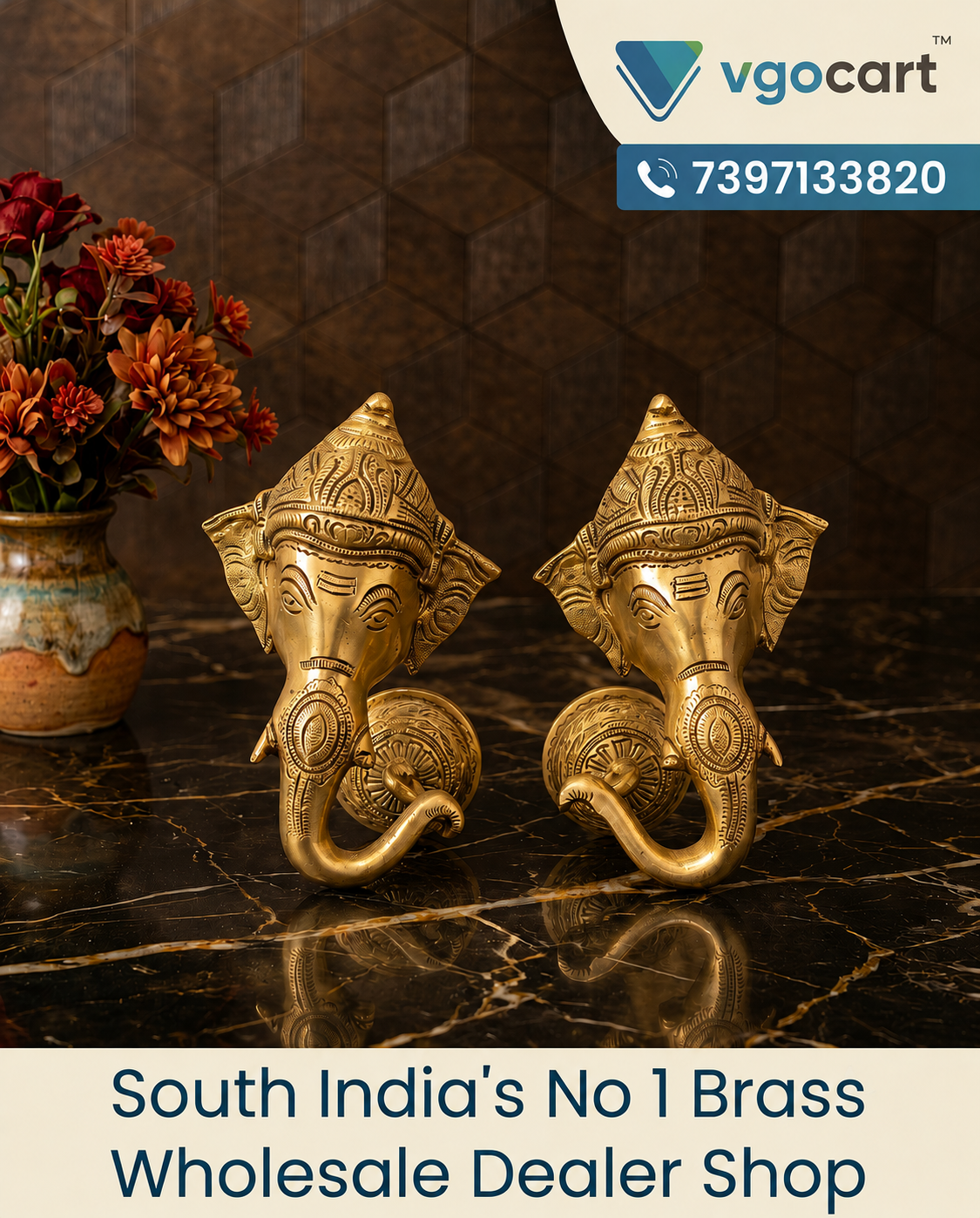 Brass Ganesha Face with Bell 7 Inch
