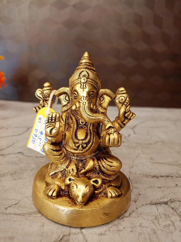 Brass Ganesha Idol 4.5 Inch – Sitting on Rat with Round Base - Image 2