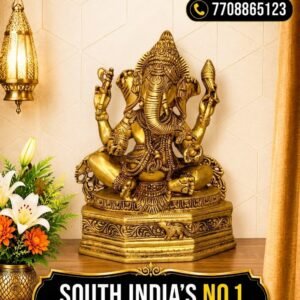 Brass Ganesha Idol with Jewel Design 9 Inch | Antique Brass Ganpati Statue for Pooja & Home Décor
