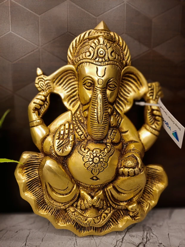 Brass Ganesha Wall Mount 9.5 Inch | Antique Brass Ganesh Wall Hanging for Home & Pooja Room - Image 4