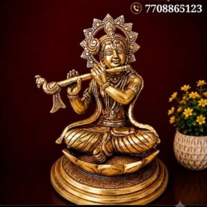 Brass Krishna on Lotus Idol 8 Inch