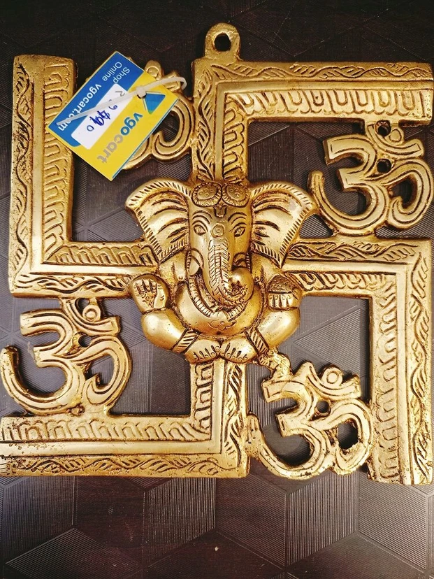 Brass OM Swastik Ganesha Wall Mount 8 Inch