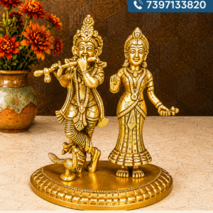 Brass Radha Krishna Standing On Oval Base 6.5 Inch | Antique Finish Divine Couple Idol for Home Décor & Pooja
