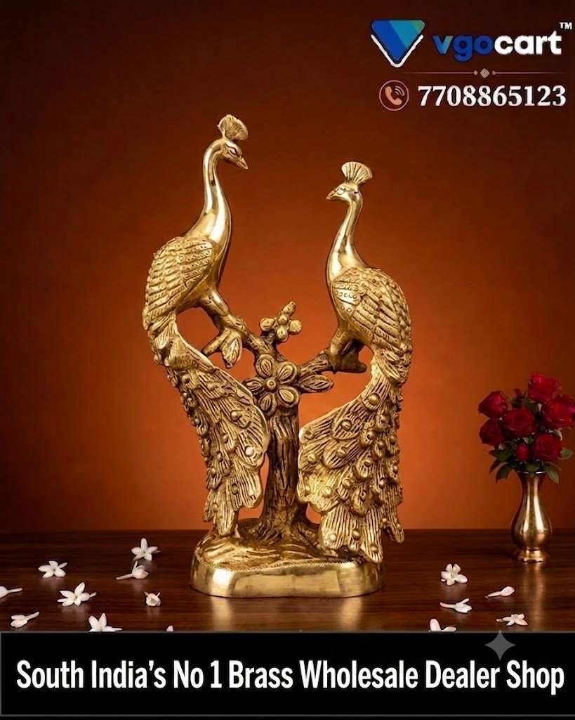 Brass Two Peacock on Tree Statue 7 Inch