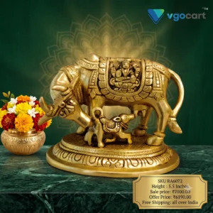 Brass Cow And Calf Idol With Ganesha Lakshmi 5.5”