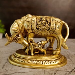 Brass Gomatha With Lakshmi & Ganesh – 5.5”