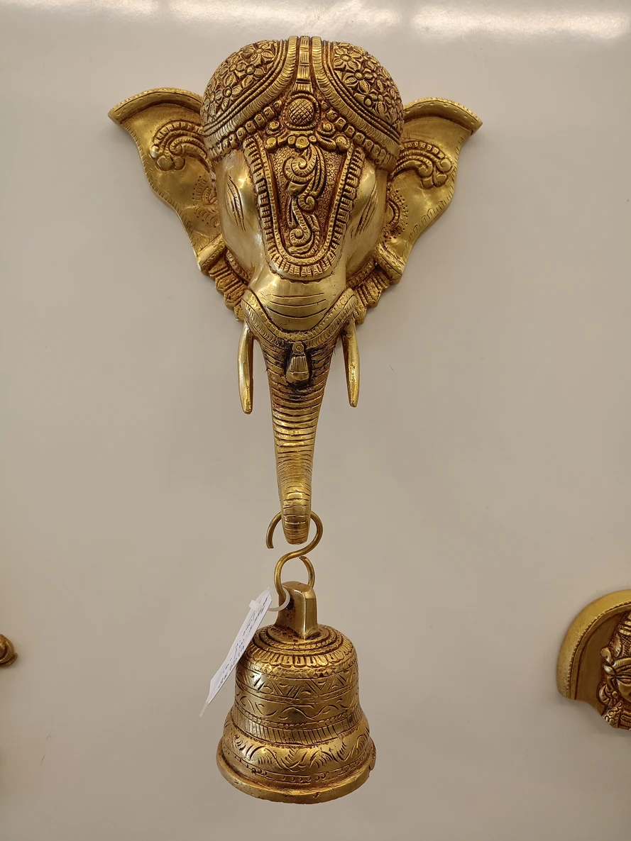 Brass Elephant Head With Bell Wall Mount 15″ - Image 2