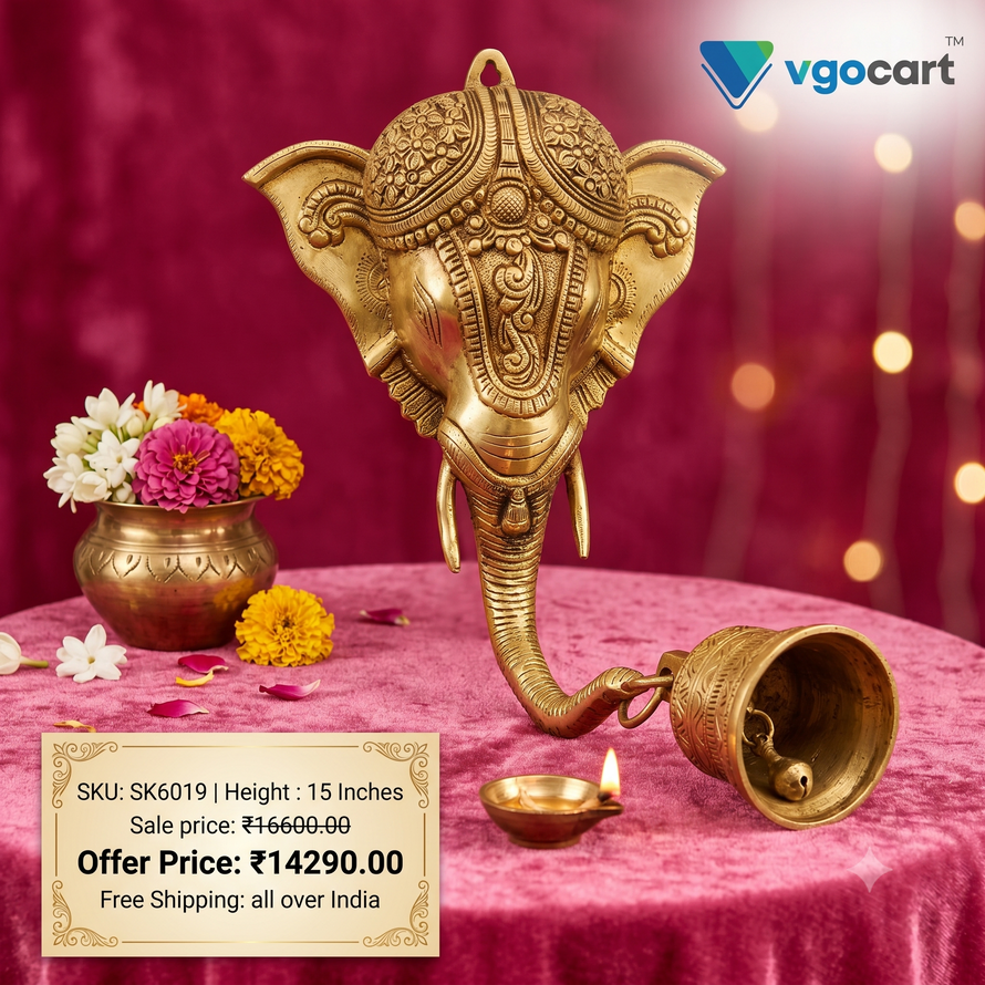 Brass Elephant Head With Bell Wall Mount 15″