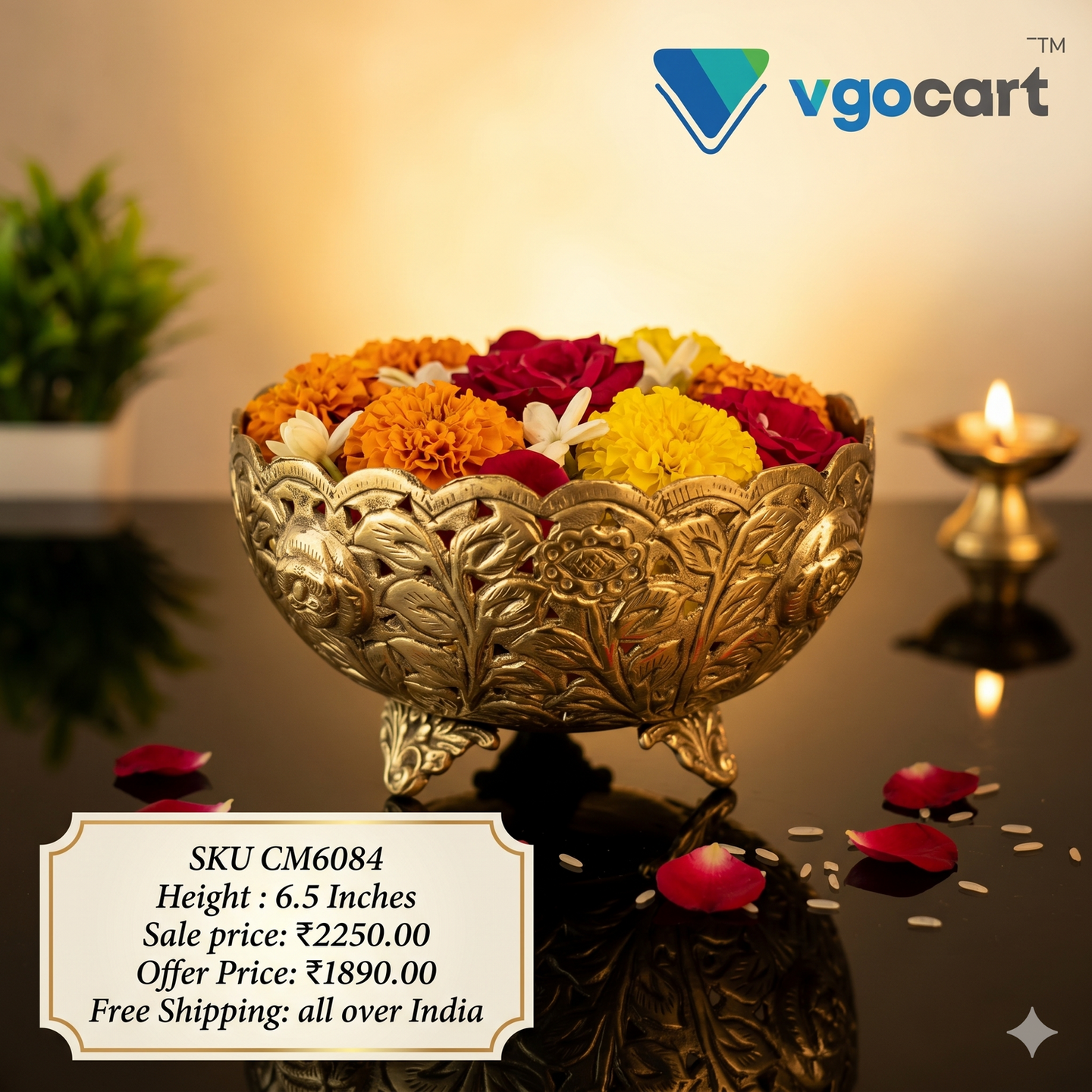 Brass Flower Bowl Round Shape 6.5″