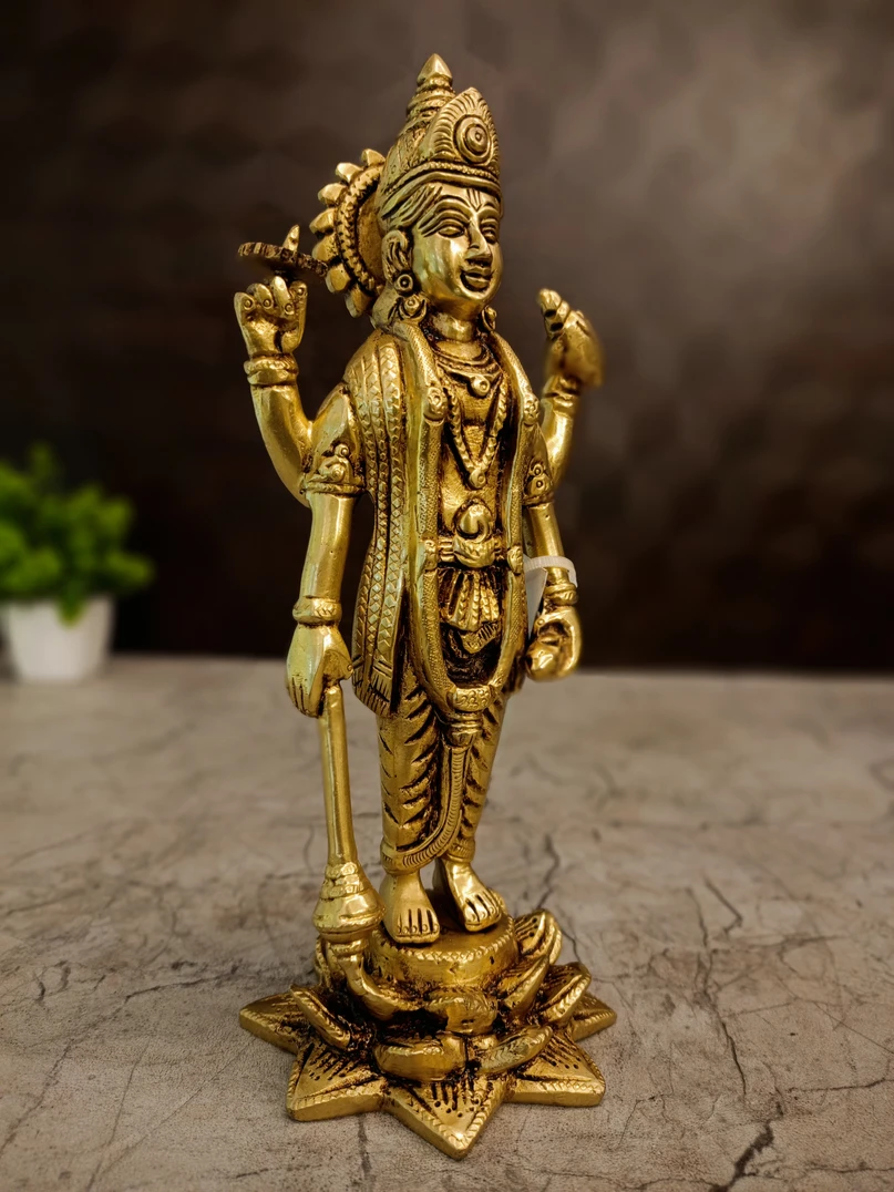 Brass Vishnu Standing On Lotus Idol 9″ - Image 3