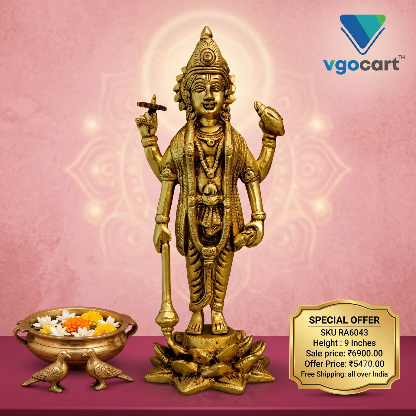 Brass Vishnu Standing On Lotus Idol 9″