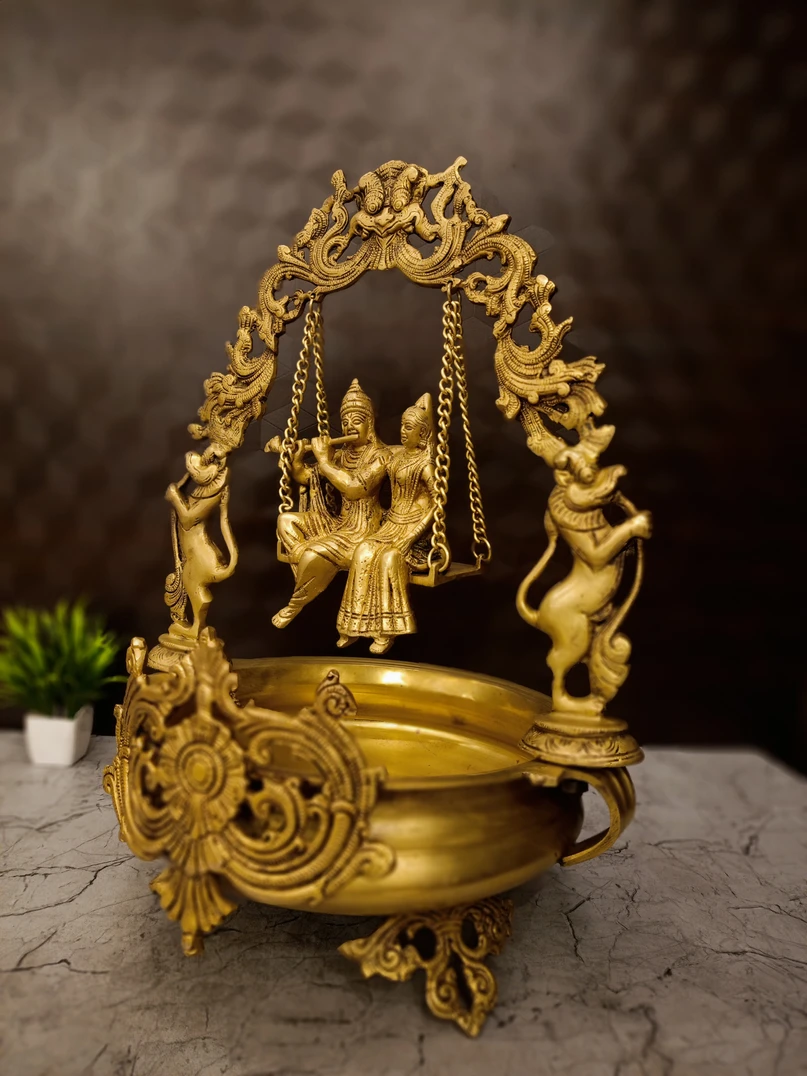 Brass Radha Krishna Uruli Golden Finish 20” - Image 4