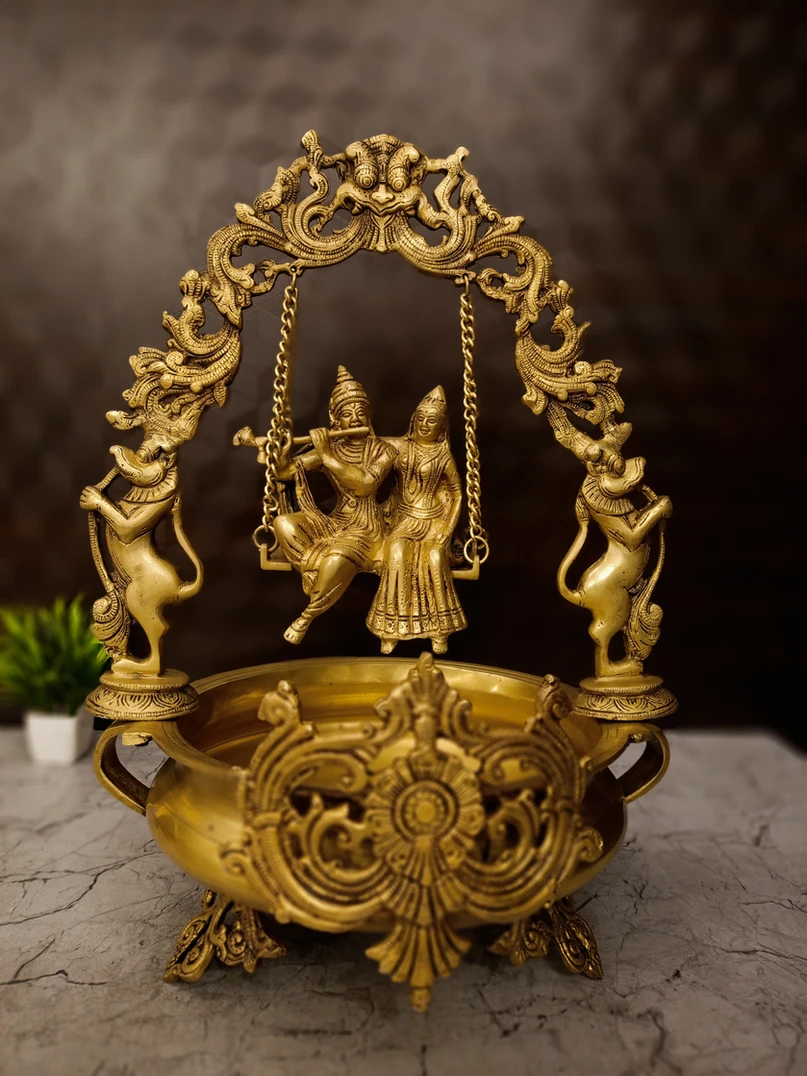 Brass Radha Krishna Uruli Golden Finish 20”